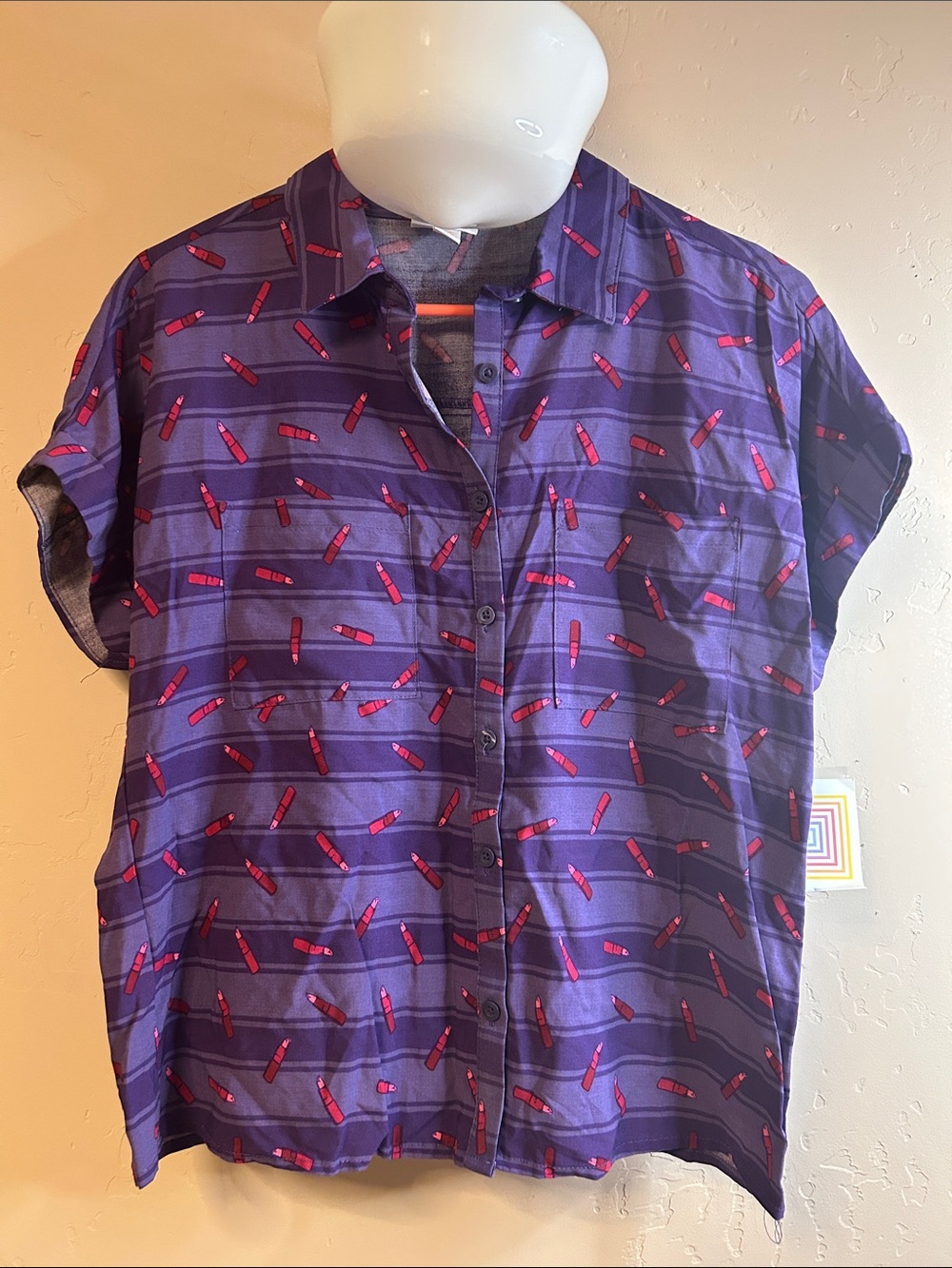 LuLaRoe Purple Short-Sleeve Button-Down Shirt with Red Lipstick Print